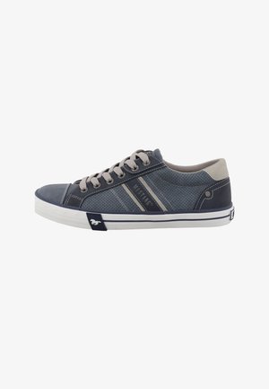 Blue perforated sneaker with gray accents, rounded toe, and white rubber sole. Features tonal stripes and textile laces for secure fit.
