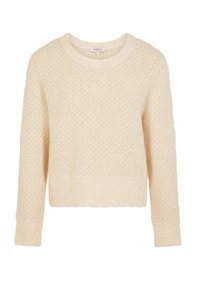 Cremefarbener Pullover mit strukturiertem Strickmuster, rundem Halsausschnitt und gerippten Bündchen sowie Saum. Weiches, leichtes Material. Verkürzte Passform.