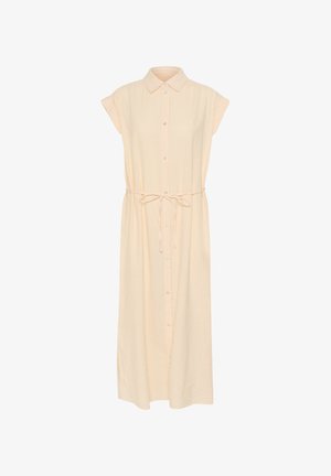 Sukienka na guzik w lekkim materiale, z żółto-białym pasek wzorem, krótkimi rękawami, przewiązywaną w talii i o długości do kolan.