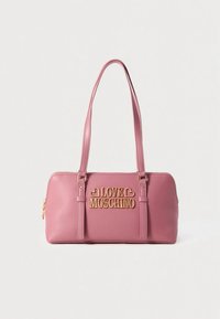 Pink rectangular shoulder bag with double straps, gold zipper, and gold "LOVE MOSCHINO" logo with heart details on front.
