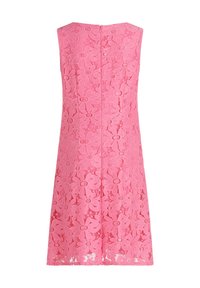 Różowa sukienka bez rękawów o kwiatowym wzorze z koronką, do kolan, z zamkiem błyskawicznym z tyłu.