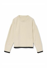 Suéter de punto color crema con mangas largas, cuello y puños acanalados, y un detalle en el dobladillo inferior en negro. Diseño corto.