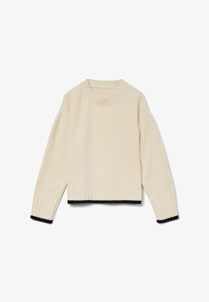 Maglione lavorato a maglia color crema con maniche lunghe, scollo e polsini a coste e dettaglio orlo nero nella parte inferiore. Design corto.