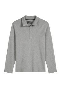 Jasnoszary pulower z kołnierzem na zamek, długimi rękawami i miękką, gładką teksturą. Prosty design bez widocznych wzorów ani akcentów.