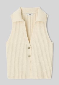 Gilet tricoté sans manches couleur crème avec texture côtelée, col large et deux boutons sur le devant.