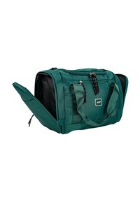 Bolsa de lona verde con forro negro, doble cremallera superior y asas cortas. Cuenta con un bolsillo lateral abierto para un fácil acceso.