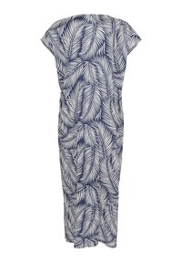 Robe marine avec un motif de feuilles en blanc. Le design comprend des manches courtes et une coupe ample, avec un ourlet au niveau des genoux. Tissu au toucher lisse.