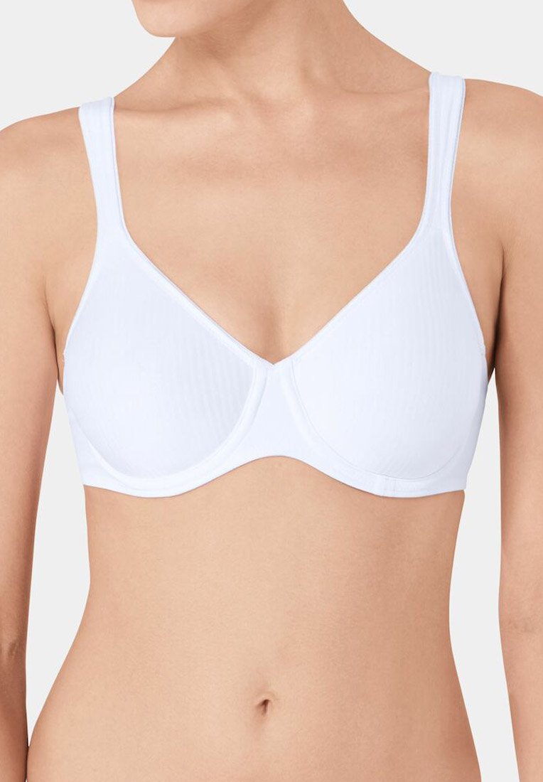 Soutien-gorge blanc avec bonnets moulés, bretelles ajustables et texture lisse. Design simple sans motifs visibles ni détails en métal.