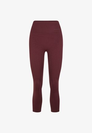 Hohe taillenmaroon nahtlose Leggings mit strukturierten Strickmustern an Oberschenkeln und Knien, gekürzte Länge und dezentes Markenlogo nahe dem Bund.
