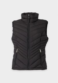 Gilet sans manches matelassé noir avec col montant et fermeture éclair à l’avant, comprenant deux poches latérales zippées et un motif de couture en chevrons.