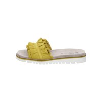 Yellow slide sandal with ruffled fabric strap, beige insole, and thick white rubber sole with tread pattern.