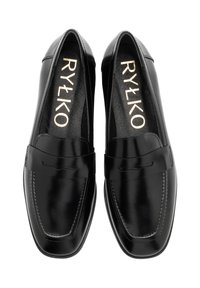 Sorte læder loafers med en glat finish, firkantet tå og dekorativ bånd over foran. Logoer prægede på indersålene.