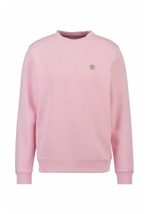 Roze sweatshirt met een ronde hals, lange mouwen, ribgebreide boorden en onderrand, en een klein schildlogo op de borst. Glad oppervlak.