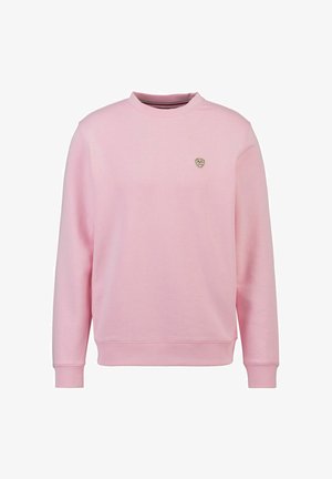 Rosa Sweatshirt mit Rundhalsausschnitt, langen Ärmeln, gerippten Bündchen und Saum sowie einem kleinen Schild-Logo auf der Brust. Glatte Textur.