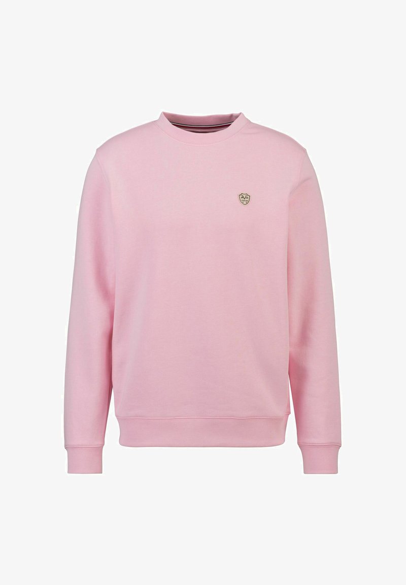 Roze sweatshirt met een ronde hals, lange mouwen, ribgebreide boorden en onderrand, en een klein schildlogo op de borst. Glad oppervlak.