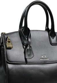 Black leather handbag with double handles, gold accents, and a lock charm. Features the logo "A/X" and a smooth texture.
