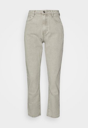 Light gray high-waist straight-leg jeans with front button and zipper, belt loops, and angled front pockets.