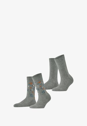 Two pairs of grey socks featuring a ribbed design. One pair has a scattered floral pattern in orange, blue, and white. Cotton blend material.