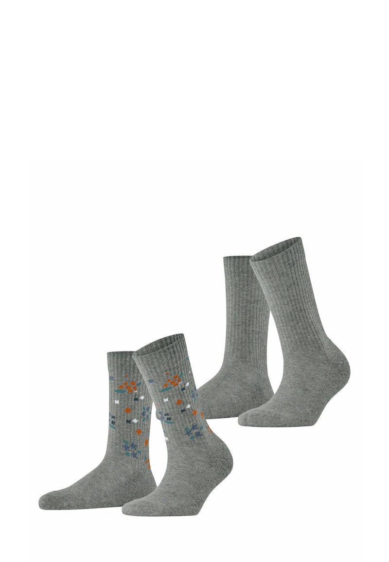 Zwei Paar graue Socken mit einem gerippten Design. Ein Paar hat ein verstreutes Blumenmuster in Orange, Blau und Weiß. Material aus Baumwollmischung.