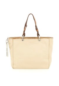 Borsa tote in pelle beige con forma rettangolare ampia, manici intrecciati marrone scuro e una zip argentata con incisione del nome del marchio.