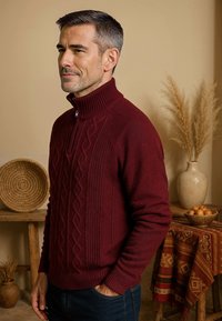 Bordeaux gebreide trui met een hoge ribbels op de kraag, voorzien van een kabelbrei-design en een ritssluiting. Textuurstof met een ontspannen pasvorm.