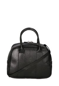 Borsa nera in pelle texture con forma strutturata, doppi manici superiori e una tracolla rimovibile. Presenta una chiusura a zip.