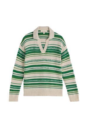 Gebreide trui met lange mouwen en V-halskraag, crème basis en horizontale groene strepen in verschillende diktes over het lichaam en de mouwen.