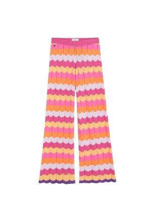 Pantalones de pierna ancha de punto con rayas en zigzag en rosa, naranja, amarillo, blanco y morado, con cintura acanalada y pequeño detalle de botón.