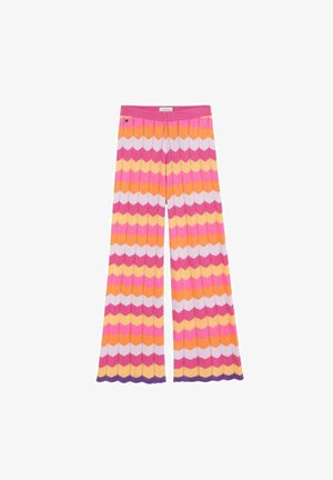 Pantalones de pierna ancha de punto con rayas en zigzag en rosa, naranja, amarillo, blanco y morado, con cintura acanalada y pequeño detalle de botón.