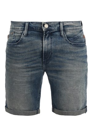 Denim shorts in a faded blue color, featuring a button closure, five pockets, and rolled cuffs for a casual design.