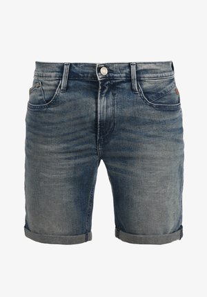 Denim shorts in een vervaagde blauwe kleur, met een knoopsluiting, vijf zakken en opgerolde mouwen voor een casual ontwerp.