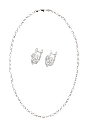 Colier cu lanț de argint și cercei asortați în formă de frunză de argint, cu pietre clare mici încrustate.