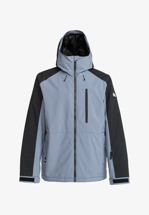 Grijze en zwarte waterdichte jas met een capuchon, voorrits, ritszak op de borst en verstelbare manchetten. Soepele textuur en sportief ontwerp.
