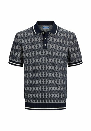 Modrobílá polo košile s krátkými rukávy se vzorem kosočtverců, zapínáním na knoflíky, žebrovaným límcem, manžetami a lemem s bílými pruhy.