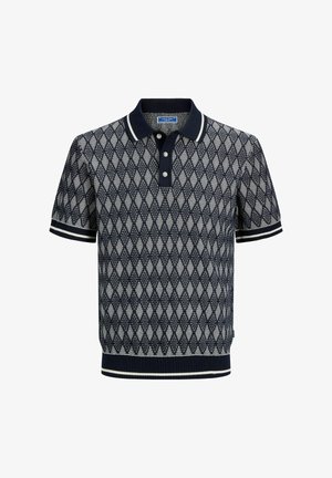 Tumesinine ja valge lühikeste varrukatega polosärk teemantmustriga, nööbitava eest, soonikkoeline krae, mansetid ja serv valgete triipudega.