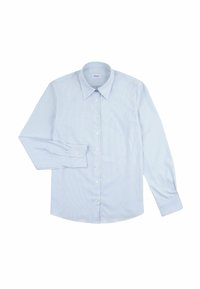 Camicia azzurro chiaro con maniche lunghe, caratterizzata da un colletto classico, un sottile motivo a righe e bottoni bianchi lungo la parte anteriore.