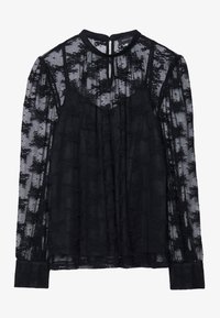 Black sheer blouse with long lace sleeves and a high neckline. Decorative floral pattern throughout. Keyhole back closure and fitted cuffs.