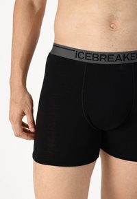 Črne boksarice iz mehke tkanine z gladko teksturo, zivo sivo elastično pasom z oznako "ICEBREAKER." Oblikovane za udobje.