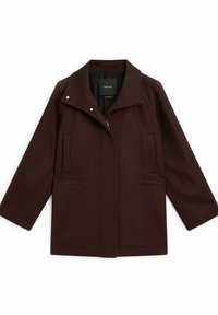 Cappotto di lana marrone scuro con collo alto, chiusura con zip frontale e bottoni a pressione, e due tasche verticali sui lati.