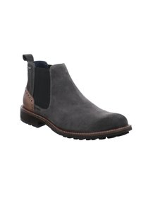 Botines de ante gris con paneles laterales elásticos negros, acentos de cuero marrón y una suela de goma texturizada. Incluyen costuras decorativas.