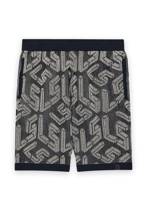 Strickshorts mit geometrischem Muster in Schwarz und Beige, elastischem Bund, seitlichen Taschen und schwarzem Besatz an Taille und Beinöffnungen.