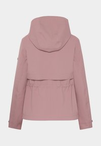 Vue arrière d'une veste à capuche mauve avec manches longues et taille élastiquée.