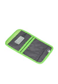 Green and gray wallet with two compartments, made of durable material. Features a card slot and a loop for attachment.