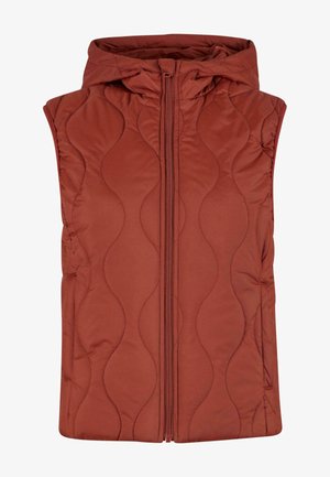 Gequilted mouwloze vest in terracotta kleur met een capuchon, voorzien van een volledige ritssluiting aan de voorkant en een golvend patroon textuur overal.