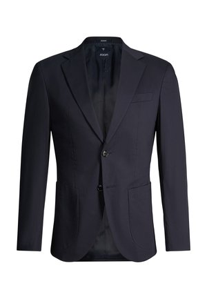Marineblauer Herrenblazer mit Reverskragen, zwei vordere Knöpfe, zwei Seitentaschen und Brustleistentasche, mit der Marke JOOP! auf der Innenseite des Kragens.