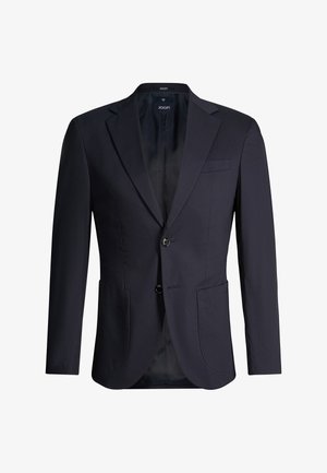 Granatowa marynarka męska z klapami z nacięciem, dwoma guzikami z przodu, dwoma bocznymi kieszeniami oraz kieszenią na piersi, z logo JOOP! od wewnętrznej strony kołnierza.