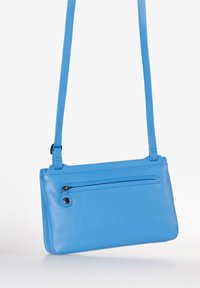 Borsa a tracolla in pelle blu con una texture liscia, tasca frontale con zip, tracolla regolabile e accenti cuciti. Forma rettangolare compatta.