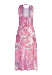 Blumenkleid aus leichtem Stoff, mit einem rosa-weißen Muster, ärmellosem Design und einem Schlüsselloch-Ausschnitt mit einem Reißverschluss auf der Rückseite.