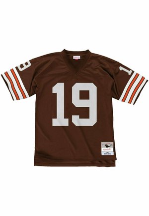 Braunes Football-Trikot mit weißen Nummer 19 auf der Vorderseite und den Ärmeln, ausgestattet mit orange-weißen Streifen an den Ärmeln und einem Team-Emblem nahe dem Saum.