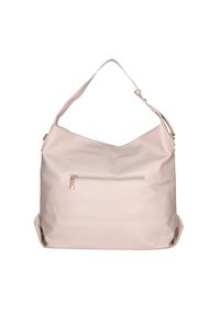 Borsa hobo in pelle beige chiaro con un design morbido, una tracolla singola e una tasca frontale con zip. Texture liscia, hardware minimale.